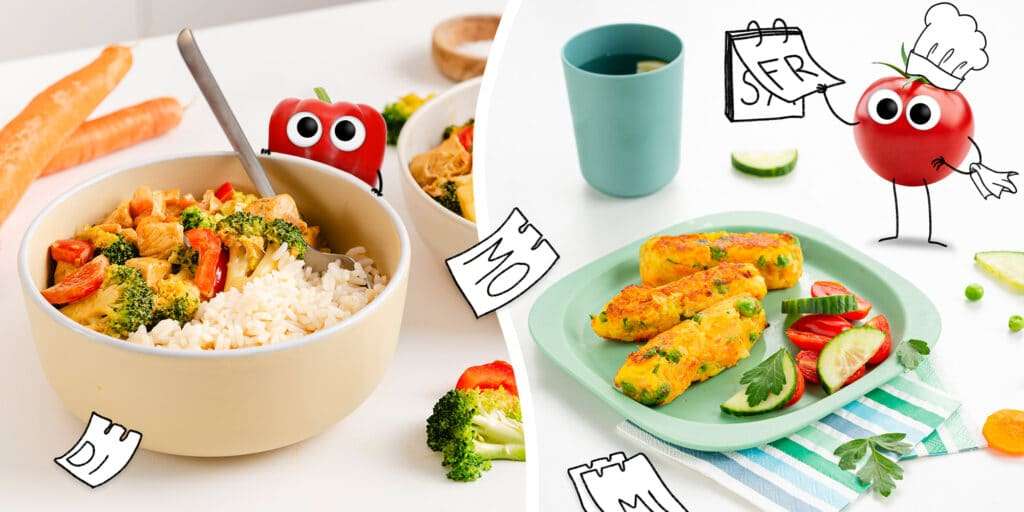 Wochenplan für die Familie: ein leckeres Curry mit Reis in einer Schüssel angerichtet und Gemüsestäbchen mit Gemüse auf einem Teller serviert