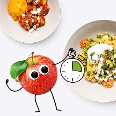 Freche Freunde - Schnelle Gerichte für Kinder - Vorschau: Alfred Apfel hält Stopuhr vor leckeren Gerichten