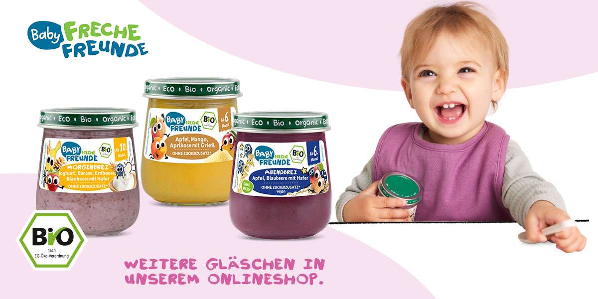 Links 3 Freche Freunde Babygläschen, rechts ein lachendes Babys mit einem Gläschen & Löffel in der Hand.