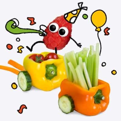 Freche Freunde - Kindergeburtstag Snacks - Hansi Himbeere trötet in Partystimmung neben Ballon und Konfetti auf dem Paprikazug