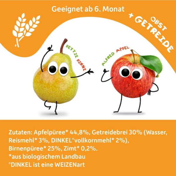 Alfred Apfel & Bettie Birne präsentieren die Zutaten: Apfelpüree, Getreidebrei, Birne & Zimt – alles bio, geeignet ab dem 6. Monat.