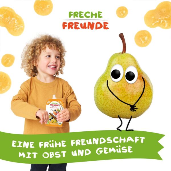 Lachendes Kind mit Quetschie in der Hand. Daneben Bettie Birne mit Kulleraugen, umgeben von Musklecksen. Claim: Eine frühe Freundschaft mit Obst & Gemüse