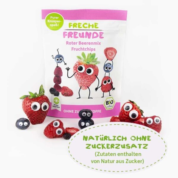 Freche Freunde Bio Fruchtchips Roter Beerenmix mit Hansi Himbeere, Bibi Blaubeere und Edda Erdbeere: Die Packung zeigt alle Beeren-Charaktere in frecher Pose. Text: Natürlich ohne Zuckerzusatz.