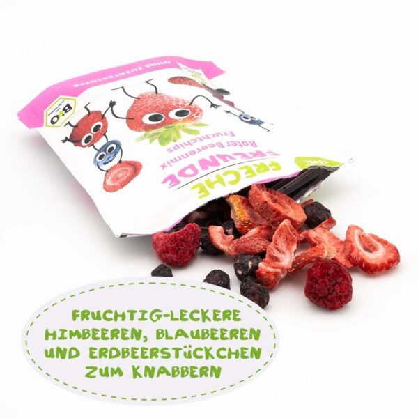 Offene Tüte Freche Freunde Fruchtchips Roter Beerenmix. Text: Fruchtig-leckerer Mix aus Himbeeren, Blaubeeren und Erdbeerstückchen zum Knabbern.