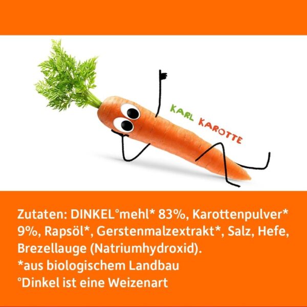 Zutatenliste von Freche Freunde Bio Laugensticks Karotte mit Karl Karotte in entspannter Pose.