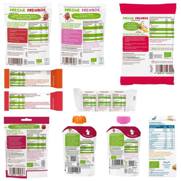 Nährwerttabellen und Zutatenlisten der Freche Freunde Bio Produkte aus dem Probierpaket – von Quetschies über Riegel bis zu Fruchtchips. Auf weißem Hintergrund sind alle Rückseiten klar lesbar,