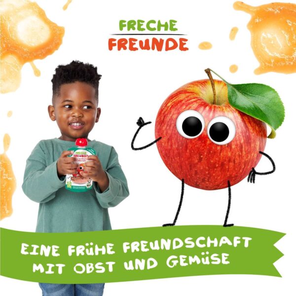 Alfred Apfel mit riesigen Kulleraugen winkt einem kleinen Jungen zu, der einen Freche Freunde Quetschie genießt. Um sie herum fliegen lustige Fruchtkleckse. Darunter: der Claim „Eine frühe Freundschaft mit Obst und Gemüse“.