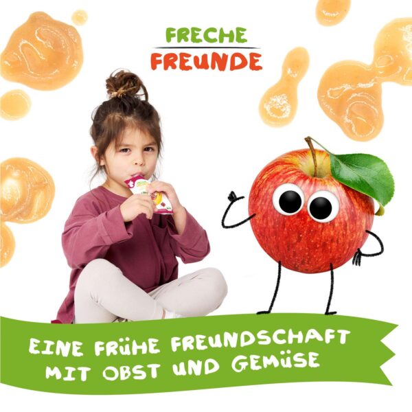 Mädchen sitzt auf dem Boden und genießt einen Freche Freunde Quetschie. Daneben steht Alfred Apfel mit großen Kulleraugen. Im Hintergrund gelbe Fruchtkleckse. Text: „Eine frühe Freundschaft mit Obst und Gemüse“.