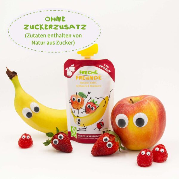 Freche Freunde Quetschie mit Bob Banane, Alfred Apfel, Frida Erdbeere & Hansi Himbeere. Drumherum echtes Obst mit Wackelaugen, Text: ohne Zuckerzusatz.