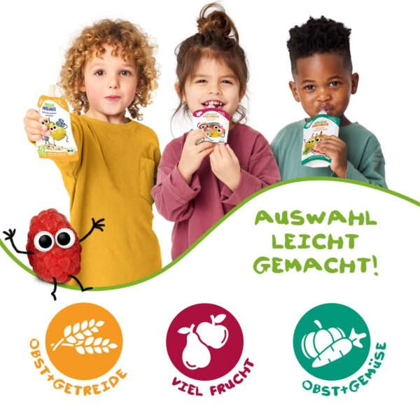 Drei Kinder genießen verschiedene Freche Freunde Bio-Quetschies – mit den Sorten Obst+Getreide, Viel Frucht und Obst+Gemüse. Daneben sitzt Hansi Himbeere mit Kulleraugen. Slogan: „Auswahl leicht gemacht""