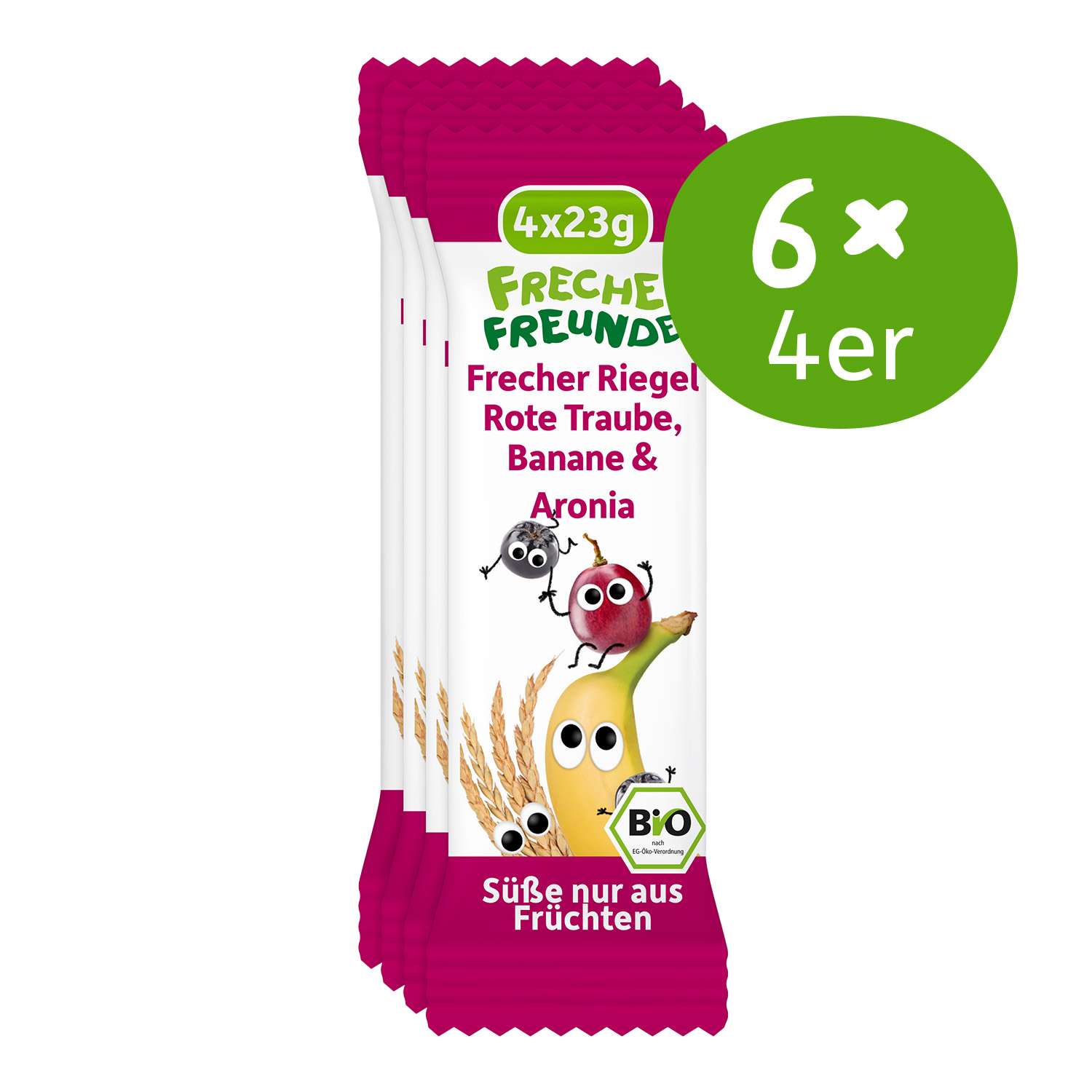Freche Freunde Bio Riegel Banane, rote Traube & Aronia – Die praktische Vorratspackung mit 6x 4er Riegeln bringt Torsten Traube, Alma Aronia und Bob Banane gemeinsam als fruchtige Snackhelden auf die Verpackung. Süße nur aus Früchten.
