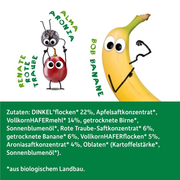 Zutatenliste von Freche Freunde Bio Riegel Banane, rote Traube & Aronia – Die Charaktere Bob Banane, Torsten Traube und Alma Aronia präsentieren die liebevoll zusammengestellte Zutatenliste