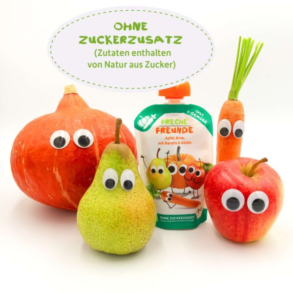 freche freunde quetschie apfel birne karotte kuerbis mit freche freunde Charaktere mit Kulleraugen. Text: Ohne Zuckerzusatz