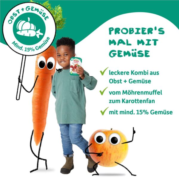 Ein Junge hält einen Quetschie, neben ihm die Karl Karotte mit Schild „Obst + Gemüse, mind. 15 % Gemüse“. Alfred Apfel springt daneben. Text: „Probier's mal mit Gemüse – leckere Kombi aus Obst + Gemüse, ideal für Gemüsemuffel“.