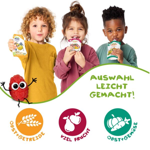 Drei Kinder genießen verschiedene Freche Freunde Bio-Quetschies – Obst+Getreide, Viel Frucht und Obst+Gemüse. Daneben: Hansi Himbeere mit Kulleraugen. Slogan: „Auswahl leicht gemacht“