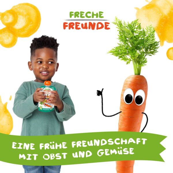 Lachender Junge mit Quetschie in der Hand. Daneben: Karl Karotte und Alfred Apfel mit Kulleraugen. Claim: Eine frühe Freundschaft mit Obst & Gemüse.