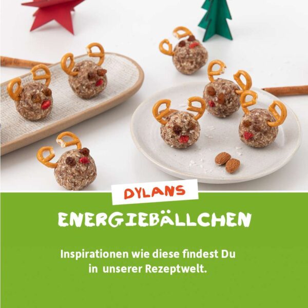 Dylans Energiebällchen mit kleinen Brezelgeweihen – kreative Snackidee mit Freche Freunde Bio Brezeln Kichererbse für die festliche Jahreszeit. Ein Bild aus der Rezeptwelt.