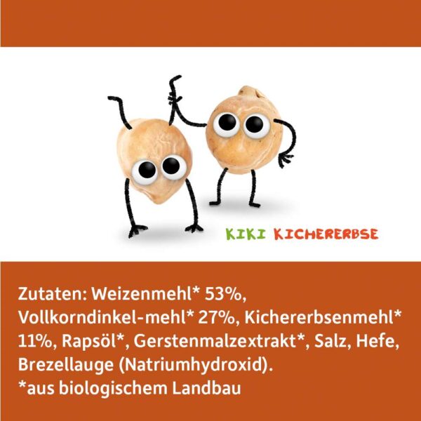 Zwei freche Kichererbsen tanzen fröhlich neben der Zutatenliste der Freche Freunde Bio Brezeln Kichererbse