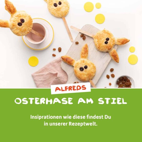 Freche Freunde Rezeptidee für Ostern: Osterhasen am Stiel mit Rosinchen als Augen. Alfreds Lieblingsrezept für kreative Snackmomente mit Kindern