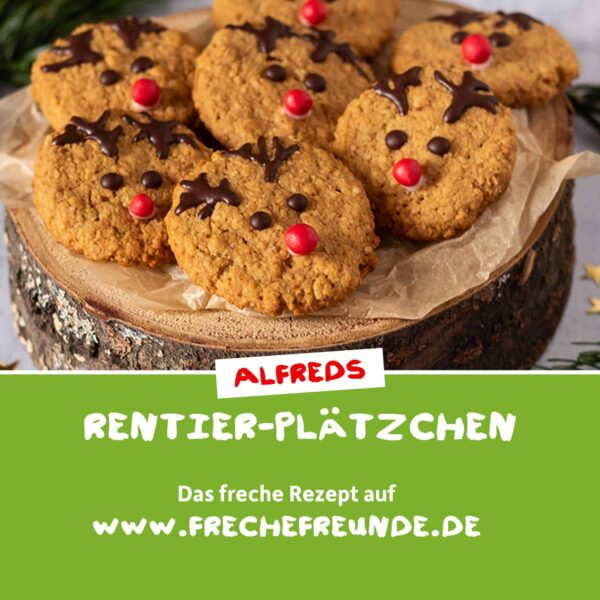 Rezept: Alfreds Rentier-Plätzchen mit Hafer & Deko – eine freche Weihnachtsidee zum Nachmachen unter www.frechefreunde.de/rezepte-fuer-kinder.
