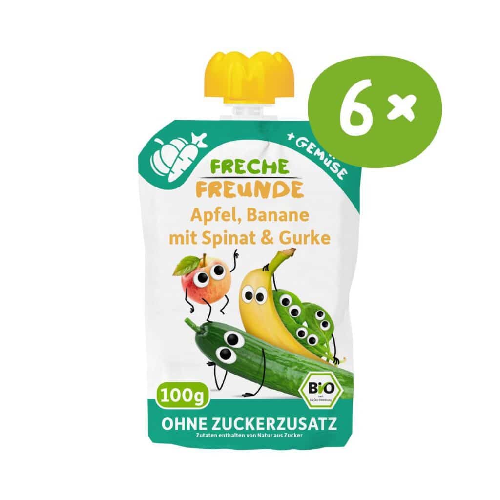 Freche Freunde Bio-Quetschie Apfel, Banane mit Spinat & Gurke6x100g. Auf der Verpackung: Alfred Apfel, Bob Banane mit Kulleraugen. ohne Zuckerzusatz - Zutaten enthalten von Natur aus Zucker.