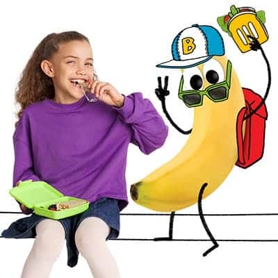 Freche Freunde - Gesunde Ernährung in der Grundschulzeit - Vorschau: Mädchen snackt Freche Freunde Kids Riegel neben coolem Bob Banane und hält ihre Brotbox