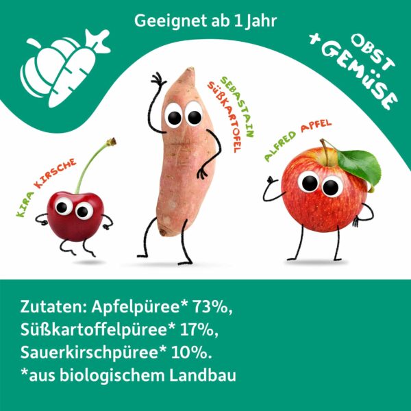 Zutaten von Bio Quetschie-Apfel-Sauerkirsche-mit-Süßkartoffel: Kira Kirsche, Sebastian Süßkartoffel und Alfred Apfel posieren fröhlich nebeneinander. Text oben: „Geeignet ab 1 Jahr – Obst + Gemüse“.