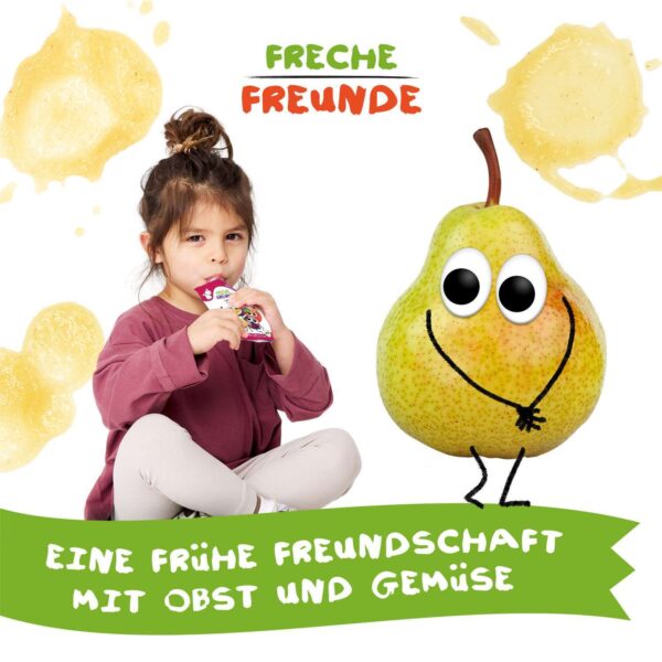 Mädchen sitzt auf dem Boden und genießt einen Freche Freunde Quetschie. Daneben steht Bettie Birne mit großen Kulleraugen. Im Hintergrund gelbe Fruchtkleckse. Text: „Eine frühe Freundschaft mit Obst und Gemüse“.