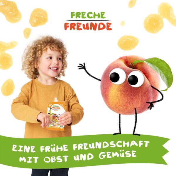 Lachendes Kind mit Quetschie in der Hand. Daneben Bettie Birne mit Kulleraugen, umgeben von Musklecksen. Claim: Eine frühe Freundschaft mit Obst & Gemüse