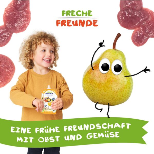 Lachendes Kind mit Quetschie in der Hand. Daneben Bettie Birne mit Kulleraugen, umgeben von Musklecksen. Claim: Eine frühe Freundschaft mit Obst & Gemüse