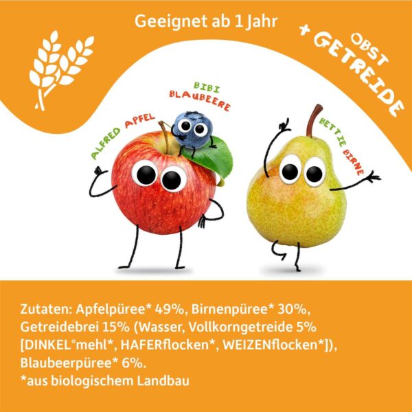 Zutatenliste von Freche Freunde Bio Quetschie-Apfel-Birne-Blaubeere-mit-Dreikorn