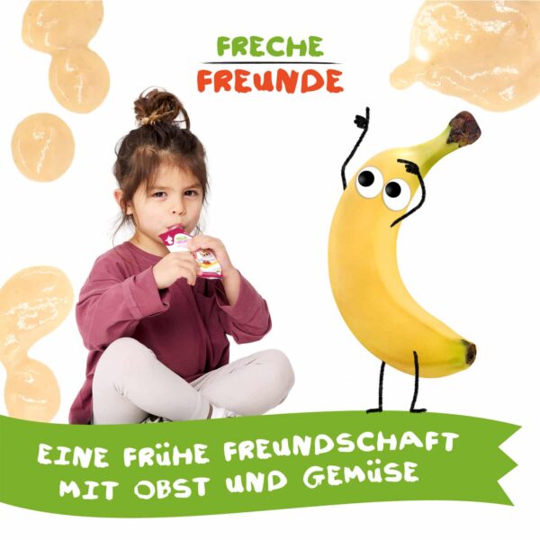 Kind sitzt auf dem Boden und genießt einen Freche Freunde Quetschie. Daneben steht Bob Banane mit großen Kulleraugen. Im Hintergrund rote Fruchtkleckse. Text: „Eine frühe Freundschaft mit Obst und Gemüse“.