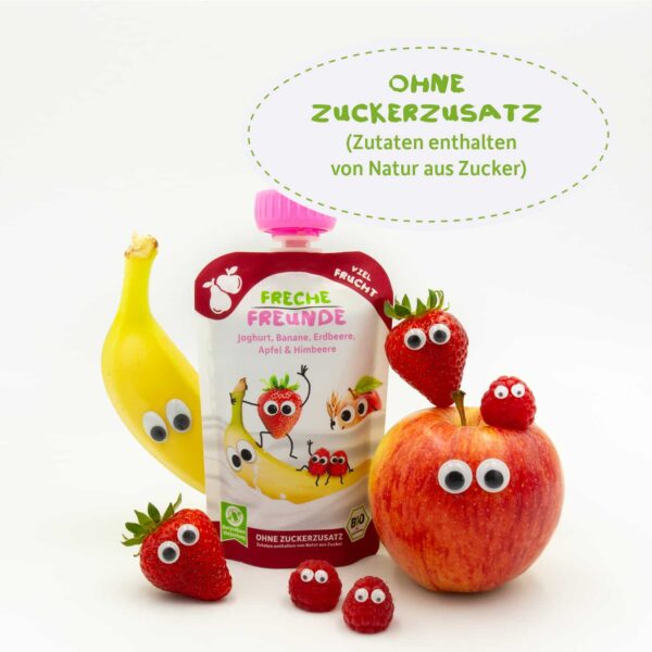 Freche Freunde Quetschie flankiert von Banane Bob, Apfel Alfred, Edda Erdbeere und Hansi Himbeere– alle mit Kulleraugen und ganz ohne Zuckerzusatz.