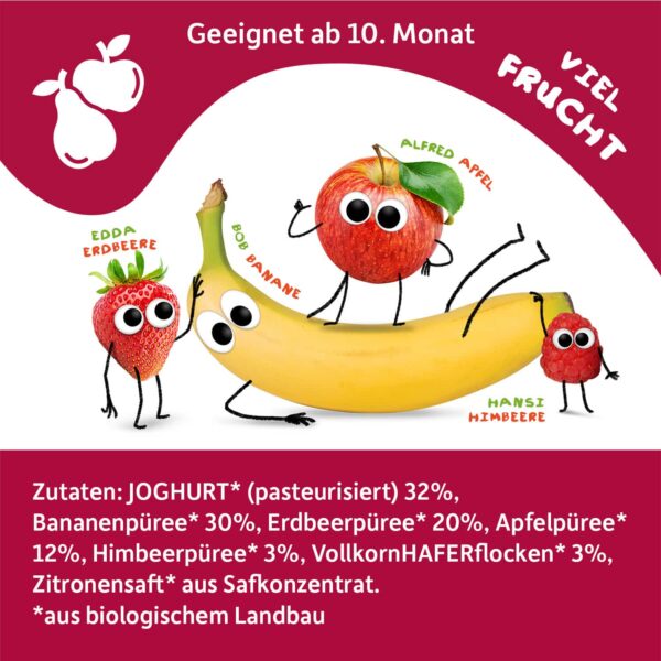 Zutatenliste für Bio Quetschie Joghurt-Banane-Erdbeere-Apfel-Himbeere und mit den Charakteren Edda Erdbeere, Bob Banane, Alfred Apfel. Hansi Himbeere.