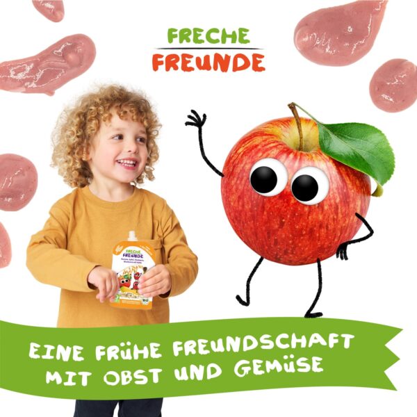 Ein lachender Junge hält einen Quetschie mit Hafer & Frucht. Neben ihm steht eine riesige Alfred Apfel mit Kulleraugen. Im Hintergrund Fruchtmus-Kleckse und der Claim: „Eine frühe Freundschaft mit Obst und Gemüse“.