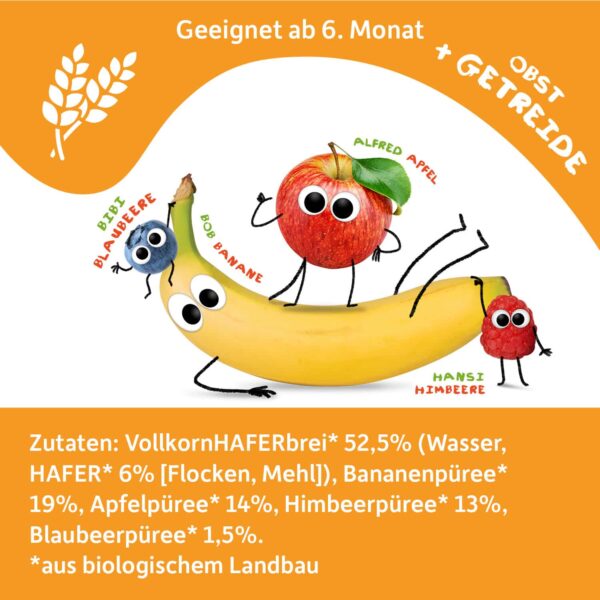Zutatenliste von Bio Quetschie Banane-Apfel-Himbeere-Blaubeere-Hafer
