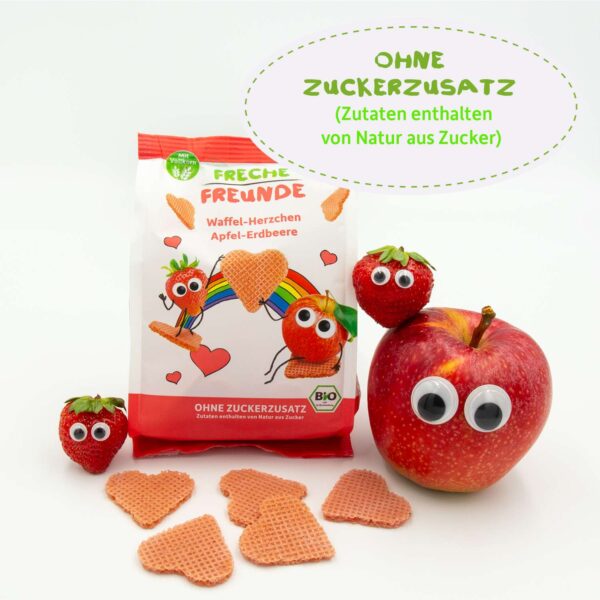 Freche Freunde Waffelherzchen Apfel Erdbeere mit Alfred Apfel mit Wackelaugen und Edda Erdbeere mit Wackelaugen.