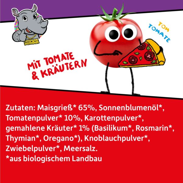 Zutatenliste von Freche Freunde Kids Bio Knusper Kringel Pizza Style. Tom Tomate hält eine Pizza und freut sich über die Kräuterpower!