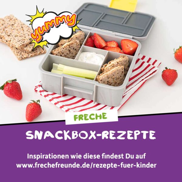 Rezept: Freche Snackbox mit Brotdreiecken, Dip, Erdbeeren und Gemüsesticks – daneben der Text „Freche Snackbox-Rezepte“ mit Verweis auf frechefreunde.de.
