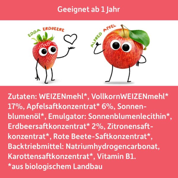 Zutatenliste mit Alfred Apfel und Edda Erdbeere. Darüber steht: Geeignet ab 1. Jahr.