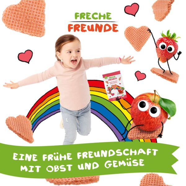 Ein Kita-Kind springt zwischen Waffelherzchen und Regenbogen. Alfred Apfel sitzt mit einer Tüte Waffelherzchen in der Hand daneben. Darunter steht: Eine frühe Freundschaft mit Obst und Gemüse.