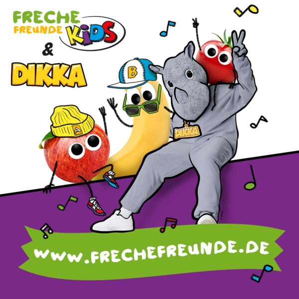 Freche Szene mit Dikka Nashorn, Tom Tomate und einem fröhlichen Kind, das einem riesigen Knusper Kringel High Five gibt. Text: „Hauptsache frech!“ – ein Snack-Moment mit Spaß und Bewegung.