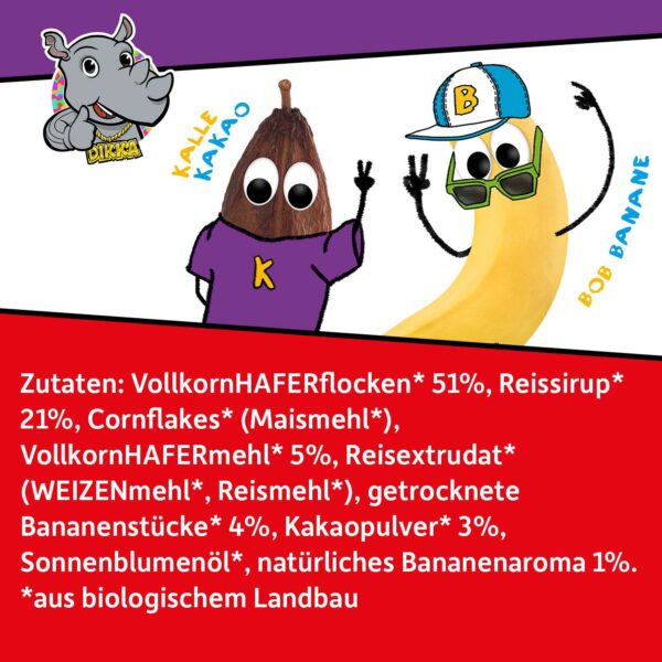 Freche Freunde Bio Bobs & DIKKAs Knusper Müsli Banane & Kakao: Zutatenbild mit den frechen Charakteren Kalle Kakao, Bob Banane und Dikka Nashorn.