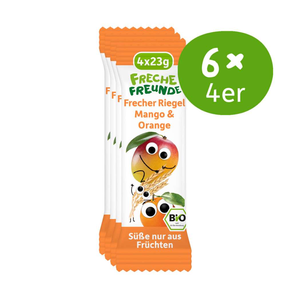 Freche Freunde Bio Frecher Riegel Mango & Orange im Vorratspack mit 6x4 Riegeln à 23 g. Auf der Verpackung lächeln Momo Mango und Olga Orange frech. Text auf der Packung: „Süße nur aus Früchten“,