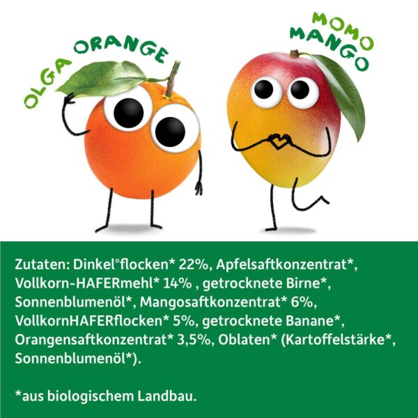 Momo Mango und Olga Orange, unsere frechen Fruchtfreunde, präsentieren die Zutaten von Freche Freunde Bio Riegel Mango & Orange