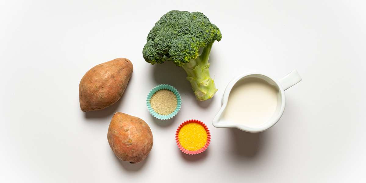 Zutaten für den Brokkoliauflauf vegan mit Süßkartoffeln.