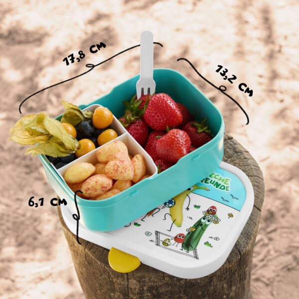 Die geöffnete Freche-Freunde-Brotdose. Darin leckere Snacks wie Erdbeeren, Physalis und knusprige Freche-Freunde-Kringel, ordentlich getrennt im Bento-Einsatz. Die Maße der Dose sind liebevoll handschriftlich eingezeichnet: 17,8 cm lang, 13,2 cm breit, 6,1 cm hoch