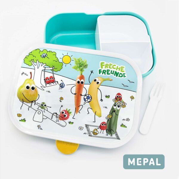 Freche Freunde Brotdose in türkis mit weißem Einsatz von Mepal mit den Freche Freunde Charakteren.