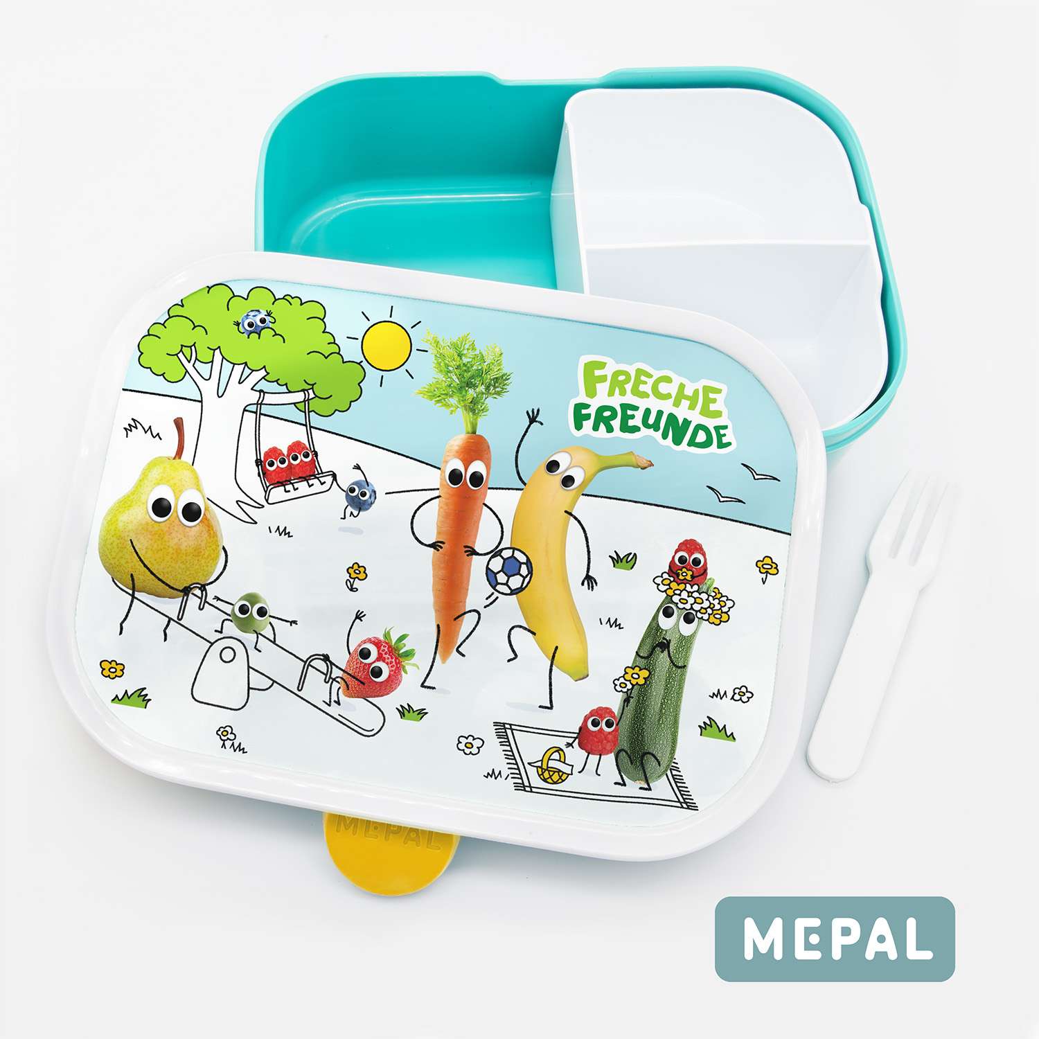 Freche Freunde Brotdose in türkis mit weißem Einsatz von Mepal mit den Freche Freunde Charakteren.