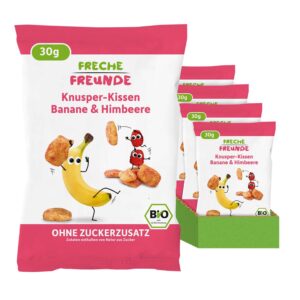 9x 30g Knusper-Kissen Banane & Himbeere. Bio & ohne Zuckerzusatz (Zutaten enthalten von Natur aus Zucker). Himbeerbande macht Kissenschlacht mit Bob Banane.